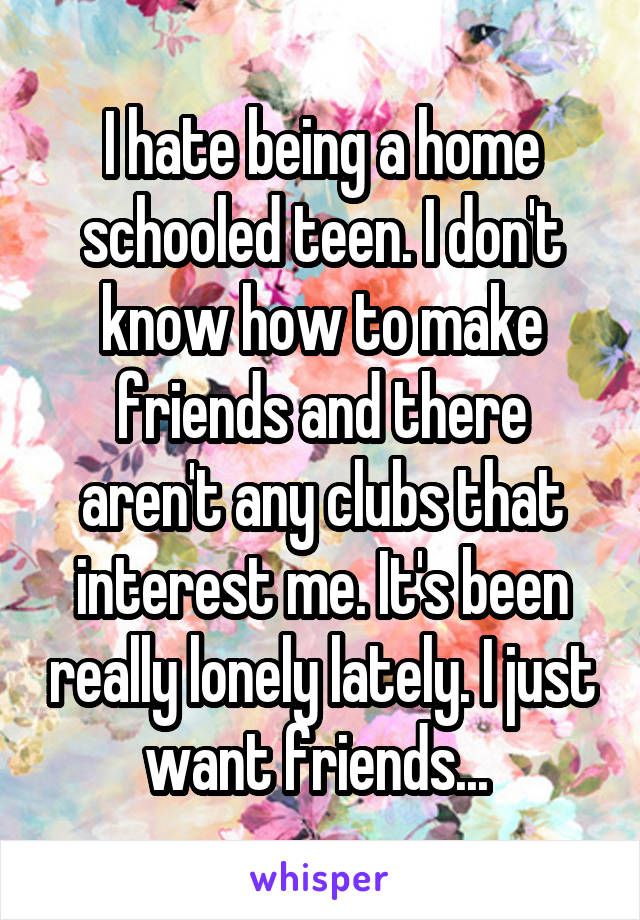 I hate being a home schooled teen. I don't know how to make friends and there aren't any clubs that interest me. It's been really lonely lately. I just want friends... 