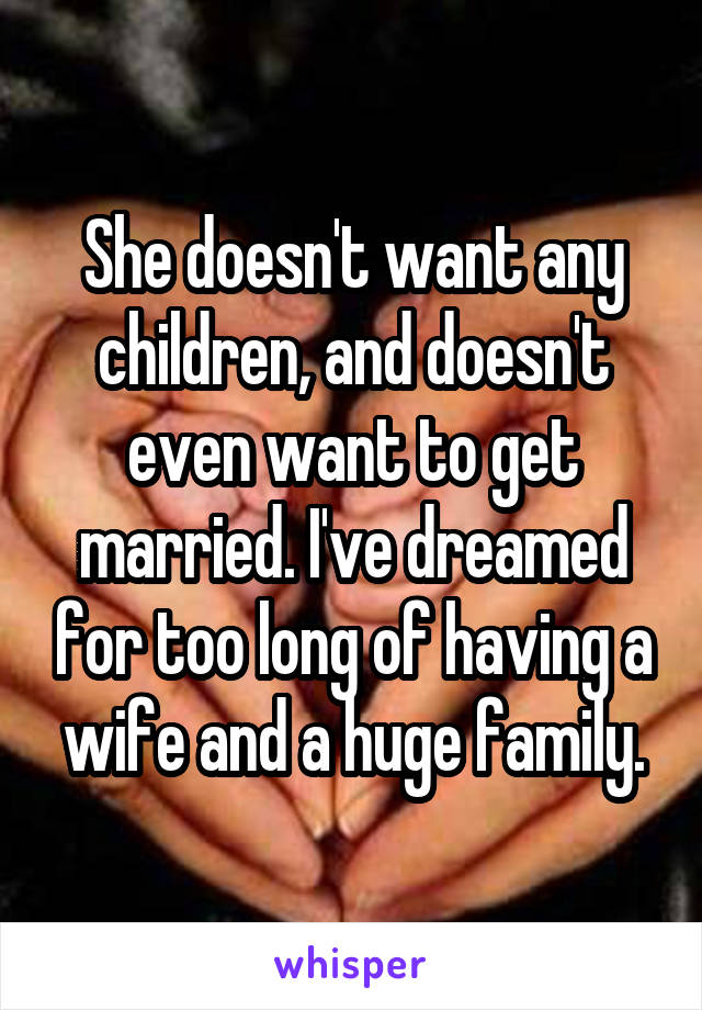 She doesn't want any children, and doesn't even want to get married. I've dreamed for too long of having a wife and a huge family.