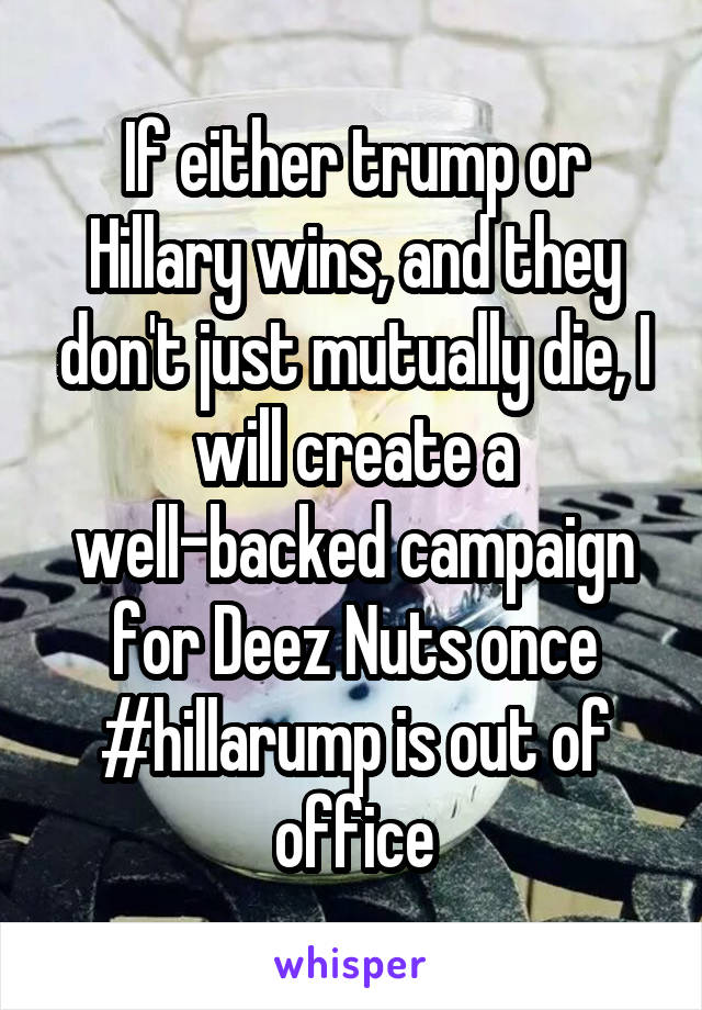 If either trump or Hillary wins, and they don't just mutually die, I will create a well-backed campaign for Deez Nuts once #hillarump is out of office