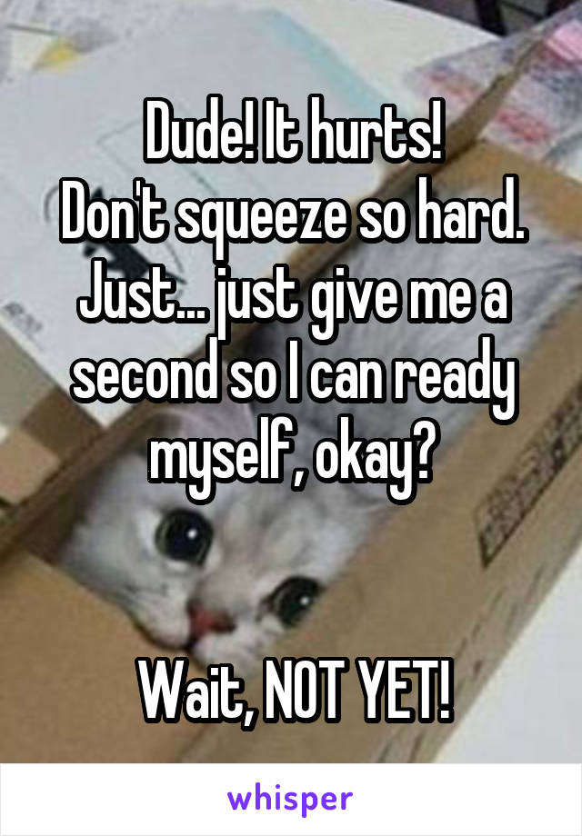 Dude! It hurts!
Don't squeeze so hard.
Just... just give me a second so I can ready myself, okay?


Wait, NOT YET!
