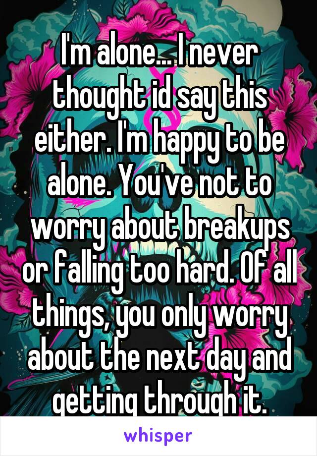 I'm alone... I never thought id say this either. I'm happy to be alone. You've not to worry about breakups or falling too hard. Of all things, you only worry about the next day and getting through it.