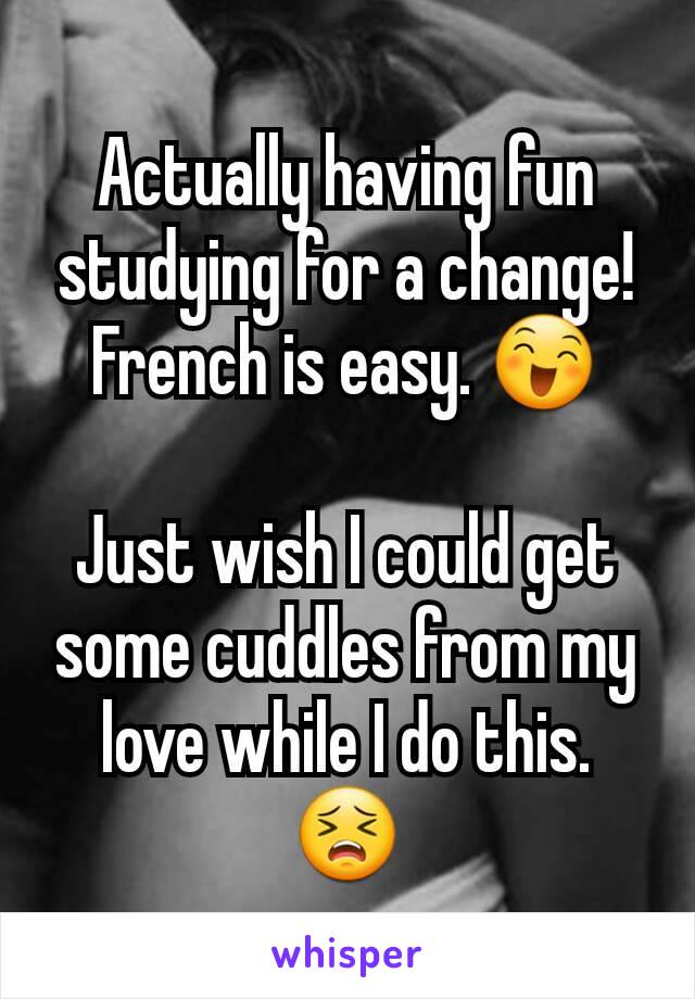 Actually having fun studying for a change! French is easy. 😄

Just wish I could get some cuddles from my love while I do this. 😣