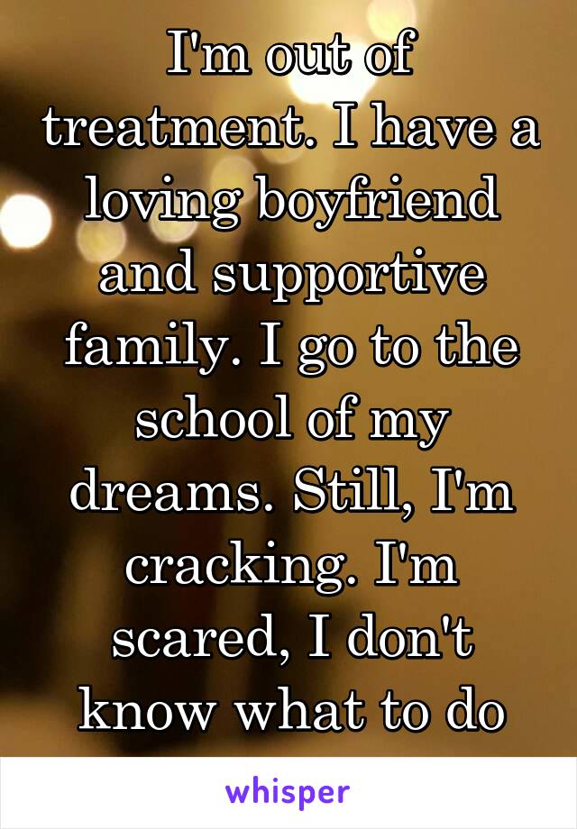 I'm out of treatment. I have a loving boyfriend and supportive family. I go to the school of my dreams. Still, I'm cracking. I'm scared, I don't know what to do anymore.  