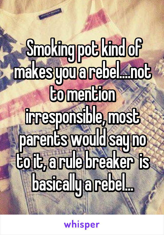  Smoking pot kind of makes you a rebel....not to mention irresponsible, most parents would say no to it, a rule breaker  is basically a rebel...
