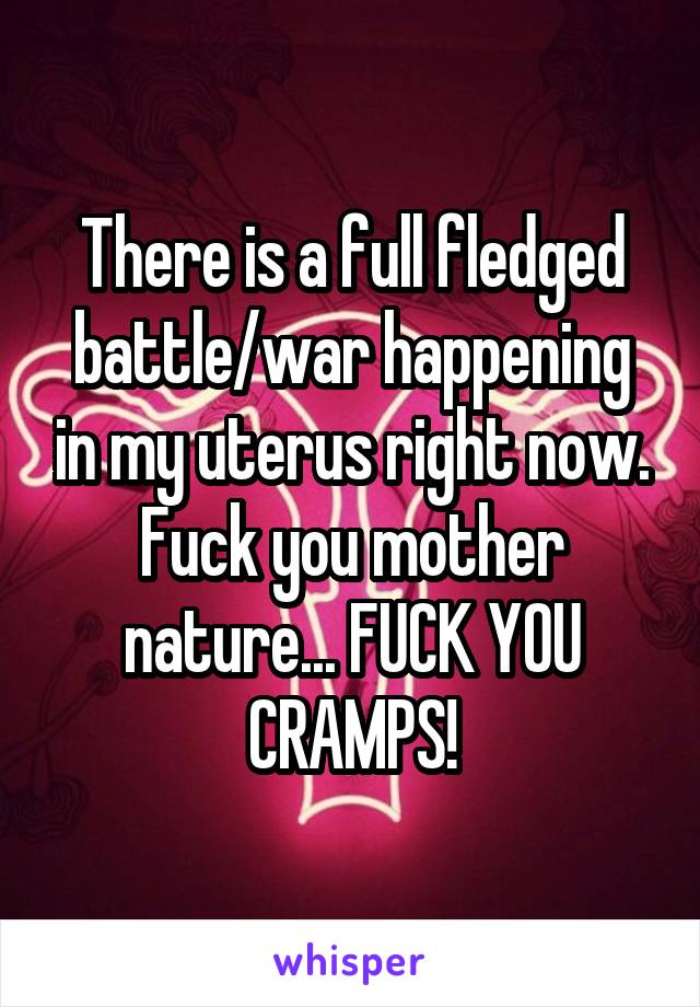 There is a full fledged battle/war happening in my uterus right now. Fuck you mother nature... FUCK YOU CRAMPS!
