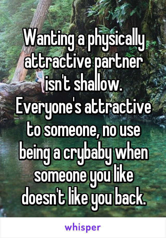 Wanting a physically attractive partner isn't shallow. Everyone's attractive to someone, no use being a crybaby when someone you like doesn't like you back.