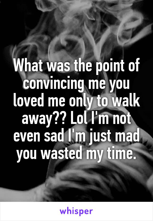 What was the point of convincing me you loved me only to walk away?? Lol I'm not even sad I'm just mad you wasted my time.