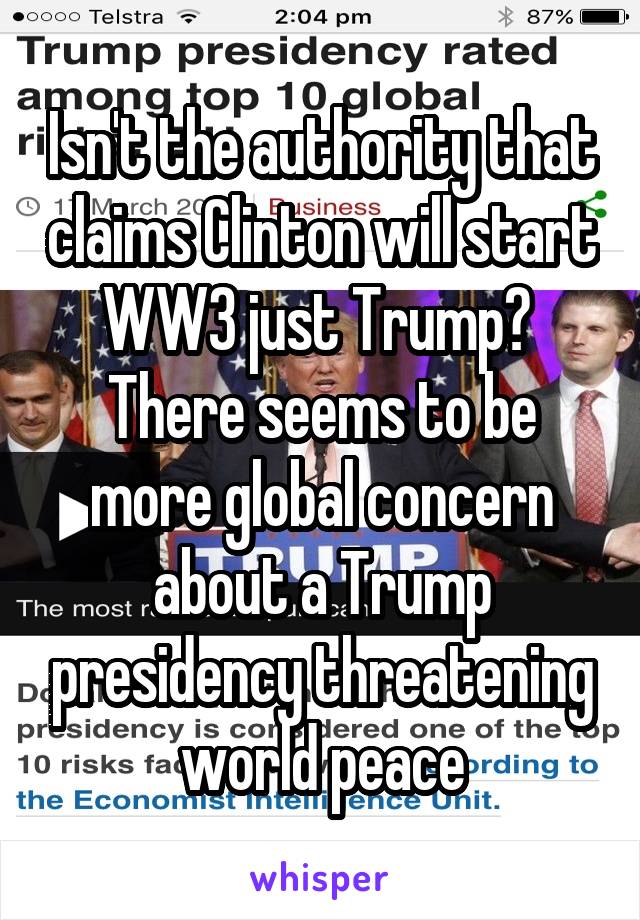 Isn't the authority that claims Clinton will start WW3 just Trump? 
There seems to be more global concern about a Trump presidency threatening world peace