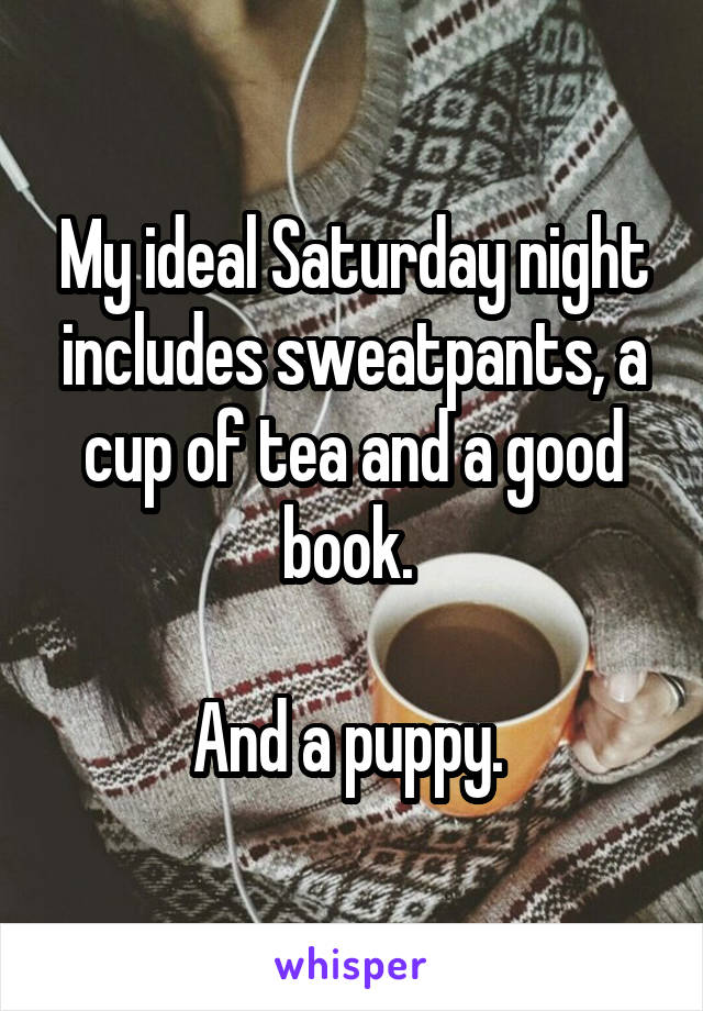 My ideal Saturday night includes sweatpants, a cup of tea and a good book. 

And a puppy. 
