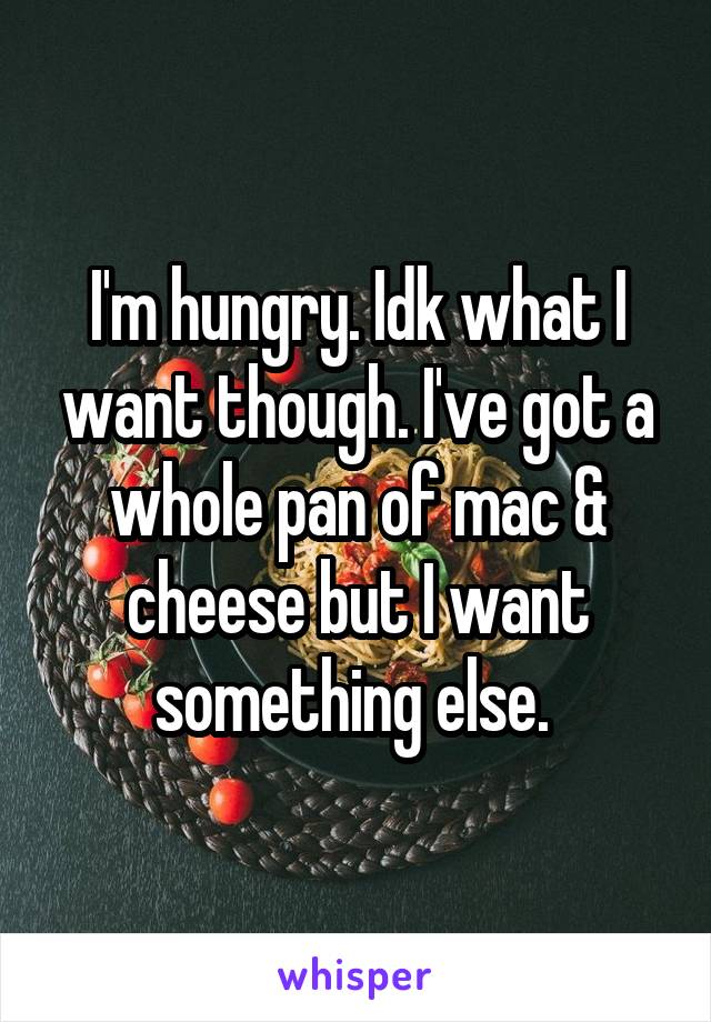 I'm hungry. Idk what I want though. I've got a whole pan of mac & cheese but I want something else. 