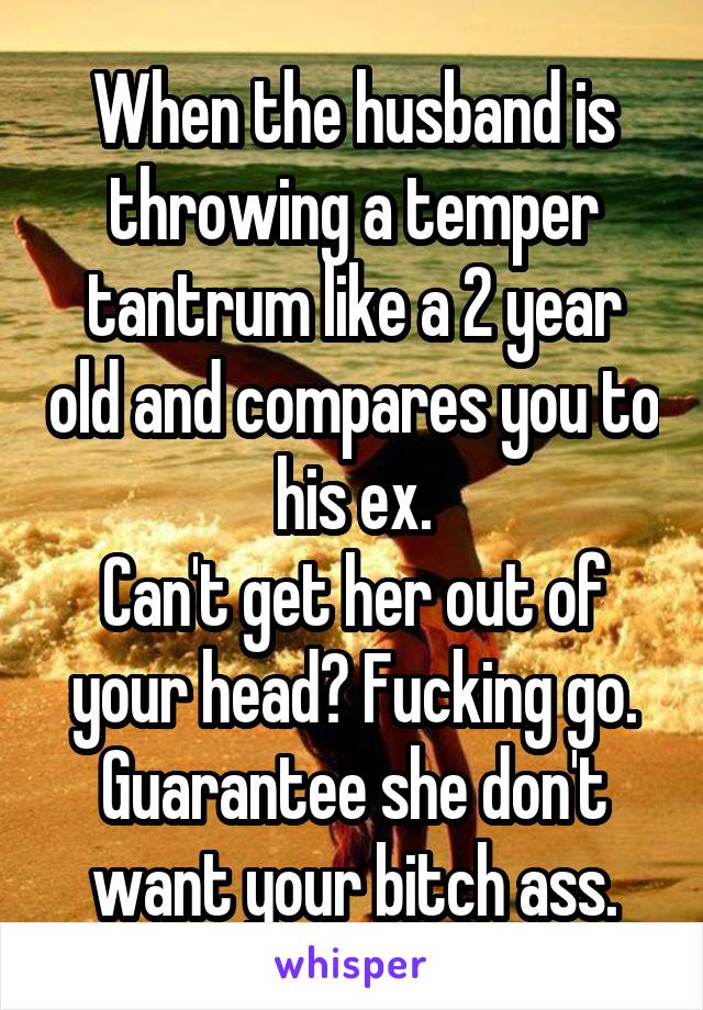 When the husband is throwing a temper tantrum like a 2 year old and compares you to his ex.
Can't get her out of your head? Fucking go. Guarantee she don't want your bitch ass.
