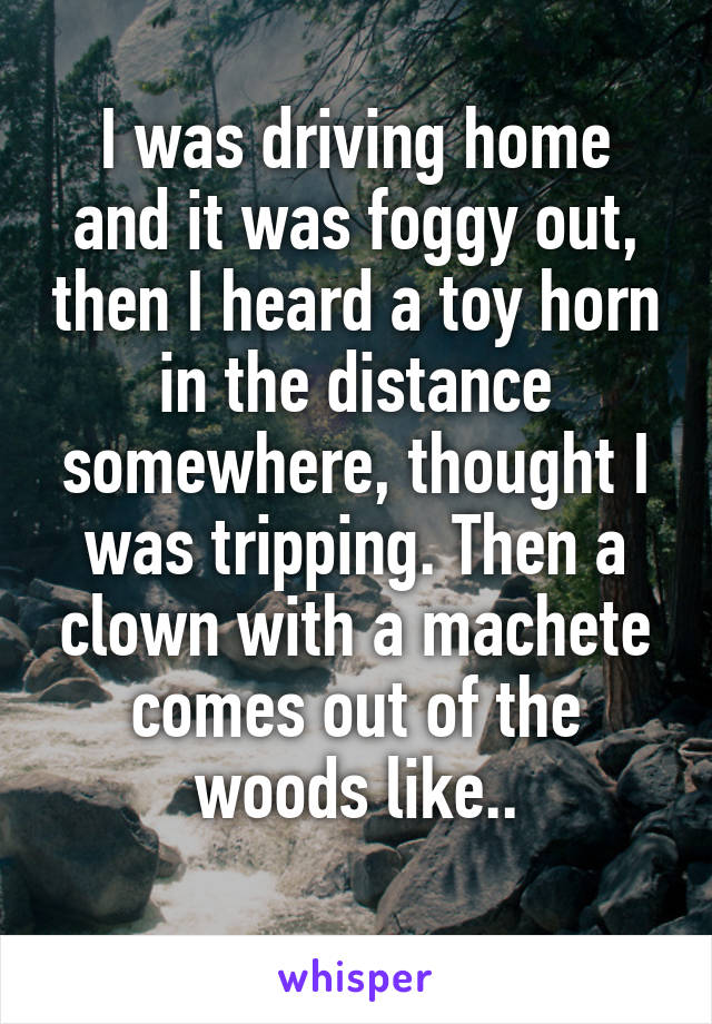 I was driving home and it was foggy out, then I heard a toy horn in the distance somewhere, thought I was tripping. Then a clown with a machete comes out of the woods like..

