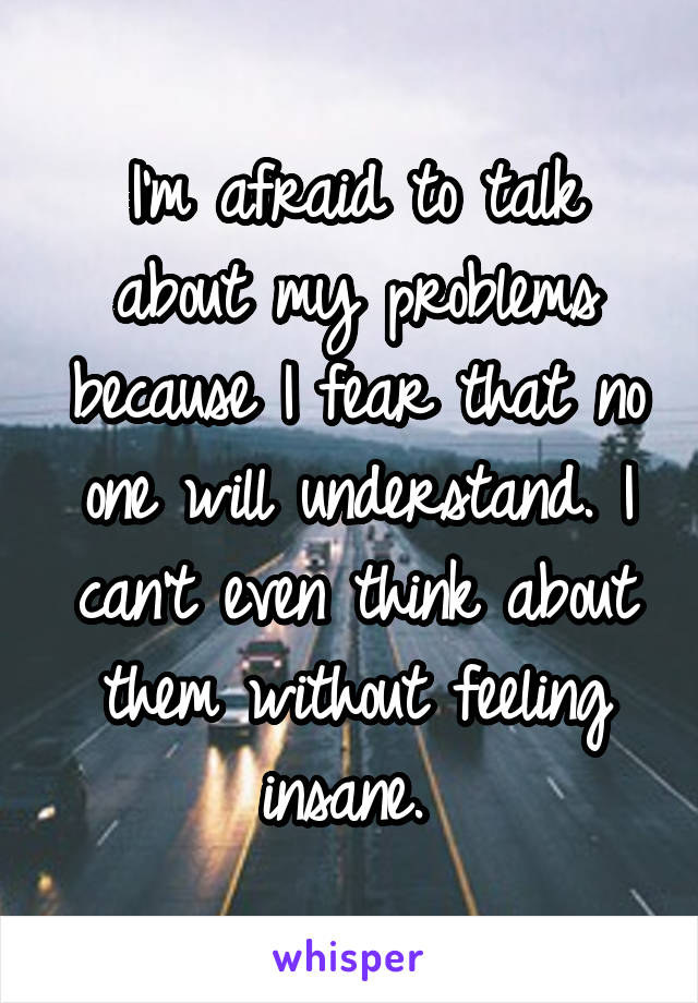 I'm afraid to talk about my problems because I fear that no one will understand. I can't even think about them without feeling insane. 