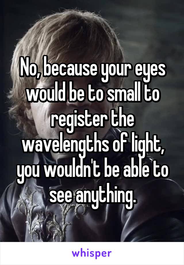 No, because your eyes would be to small to register the wavelengths of light, you wouldn't be able to see anything.