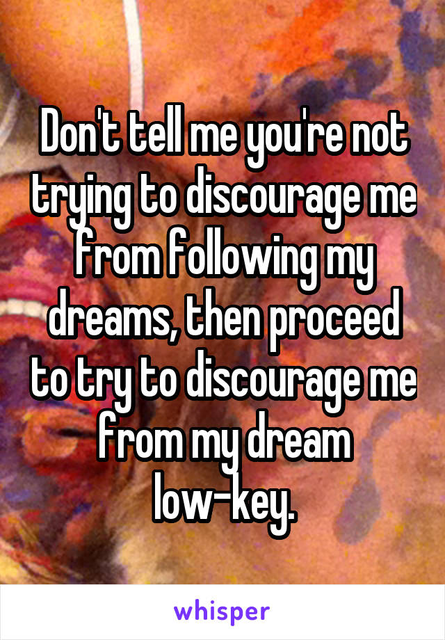 Don't tell me you're not trying to discourage me from following my dreams, then proceed to try to discourage me from my dream low-key.