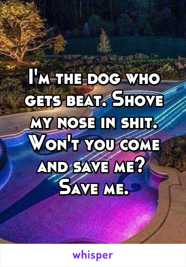 I'm the dog who gets beat. Shove my nose in shit. Won't you come and save me? 
Save me.