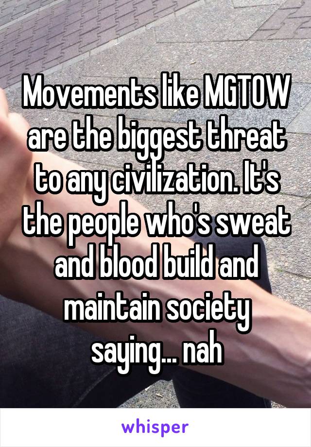 Movements like MGTOW are the biggest threat to any civilization. It's the people who's sweat and blood build and maintain society saying... nah