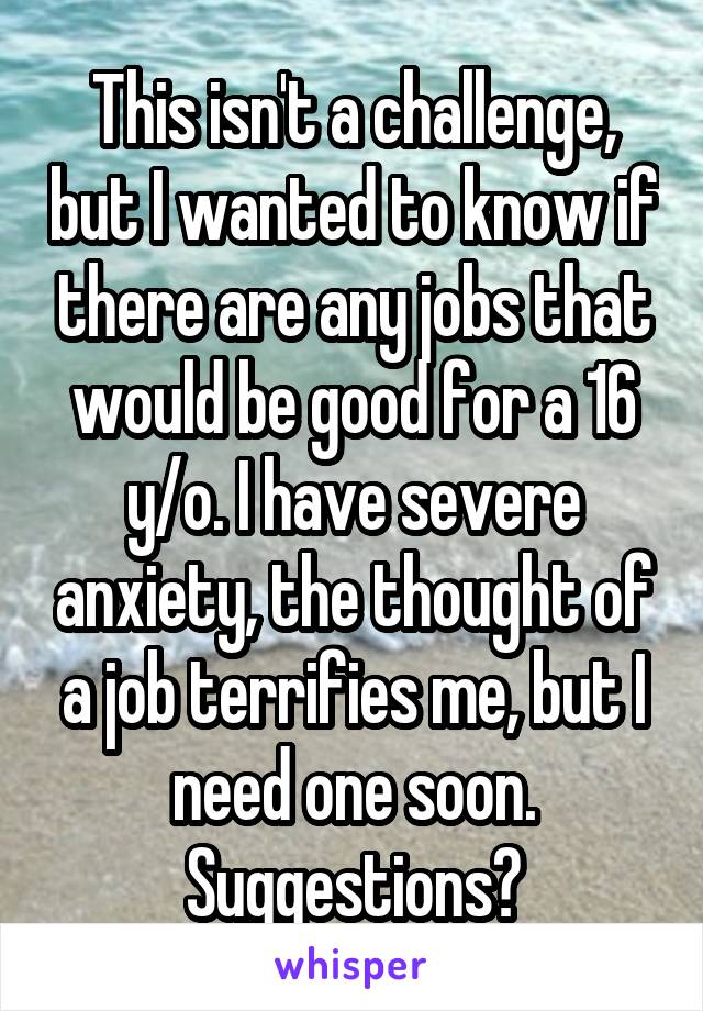 This isn't a challenge, but I wanted to know if there are any jobs that would be good for a 16 y/o. I have severe anxiety, the thought of a job terrifies me, but I need one soon. Suggestions?