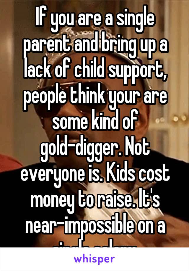 If you are a single parent and bring up a lack of child support, people think your are some kind of gold-digger. Not everyone is. Kids cost money to raise. It's near-impossible on a single salary.