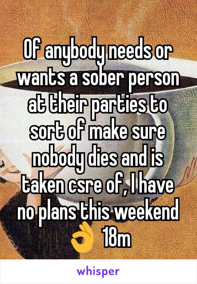 Of anybody needs or wants a sober person at their parties to sort of make sure nobody dies and is taken csre of, I have no plans this weekend 👌 18m