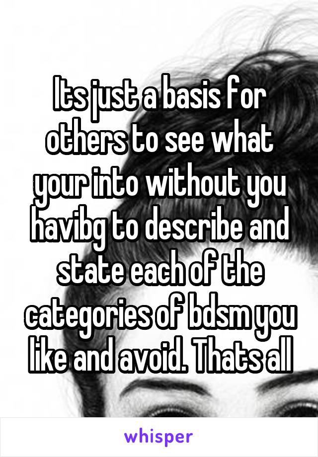 Its just a basis for others to see what your into without you havibg to describe and state each of the categories of bdsm you like and avoid. Thats all
