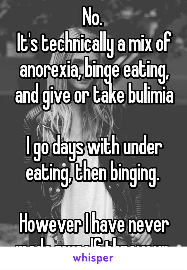 No. 
It's technically a mix of anorexia, binge eating, and give or take bulimia

I go days with under eating, then binging. 

However I have never made myself throw up 