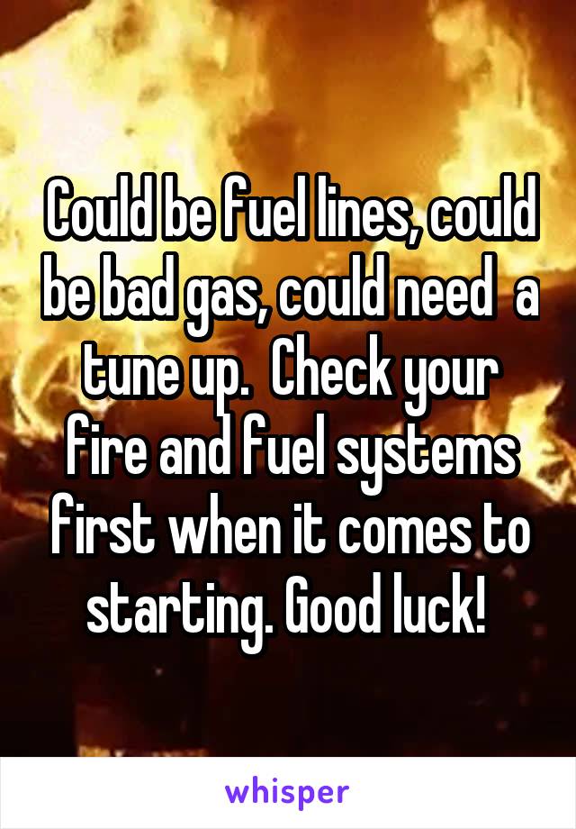 Could be fuel lines, could be bad gas, could need  a tune up.  Check your fire and fuel systems first when it comes to starting. Good luck! 