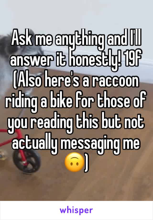 Ask me anything and I'll answer it honestly! 19f
(Also here's a raccoon riding a bike for those of you reading this but not actually messaging me 🙃)