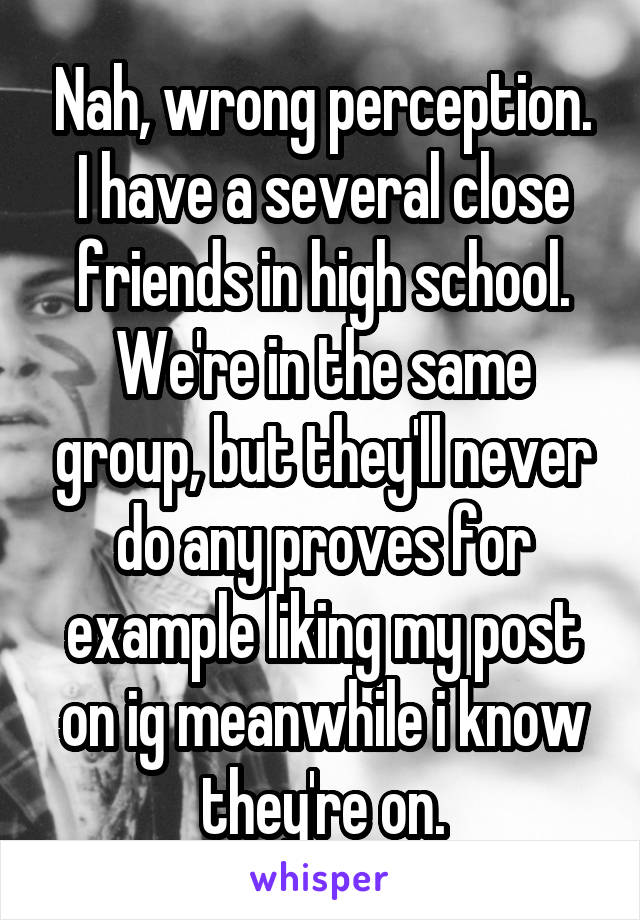 Nah, wrong perception. I have a several close friends in high school. We're in the same group, but they'll never do any proves for example liking my post on ig meanwhile i know they're on.