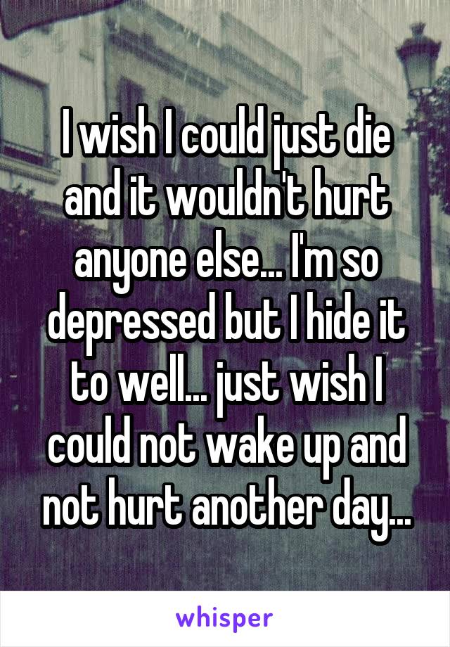 I wish I could just die and it wouldn't hurt anyone else... I'm so depressed but I hide it to well... just wish I could not wake up and not hurt another day...