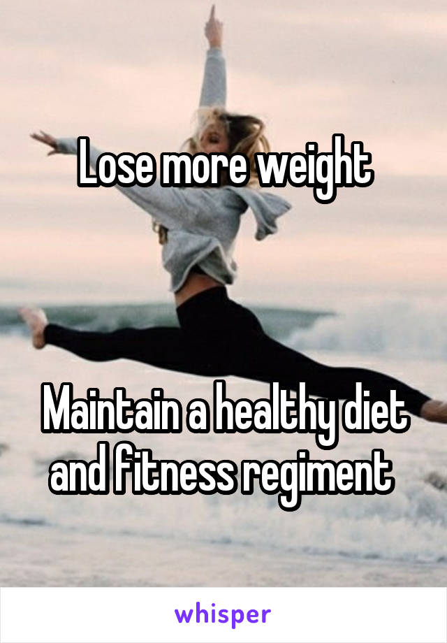 Lose more weight



Maintain a healthy diet and fitness regiment 