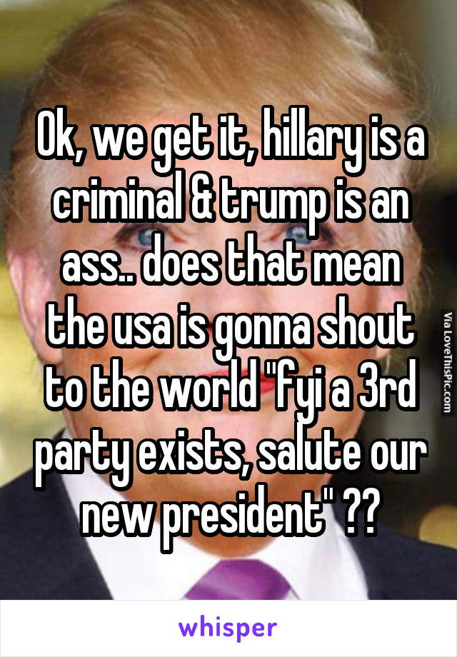 Ok, we get it, hillary is a criminal & trump is an ass.. does that mean the usa is gonna shout to the world "fyi a 3rd party exists, salute our new president" ??