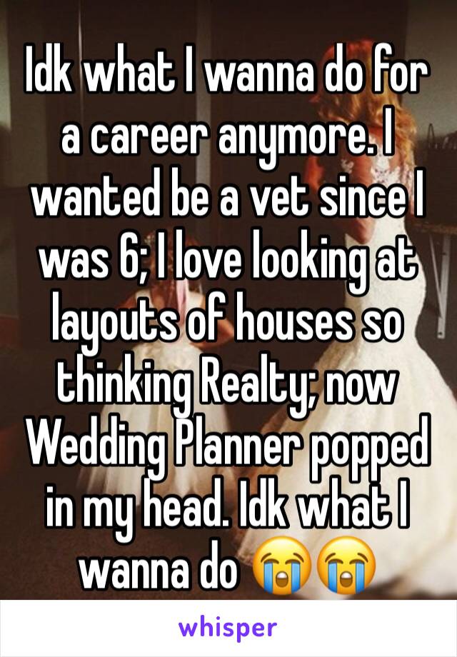 Idk what I wanna do for a career anymore. I wanted be a vet since I was 6; I love looking at layouts of houses so thinking Realty; now Wedding Planner popped in my head. Idk what I wanna do 😭😭