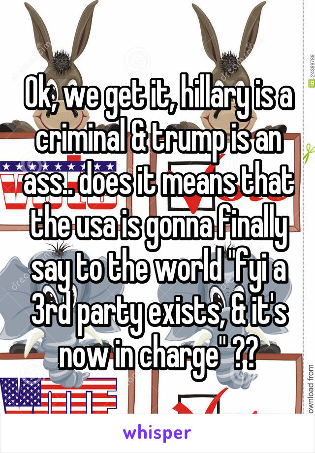 Ok, we get it, hillary is a criminal & trump is an ass.. does it means that the usa is gonna finally say to the world "fyi a 3rd party exists, & it's now in charge" ??