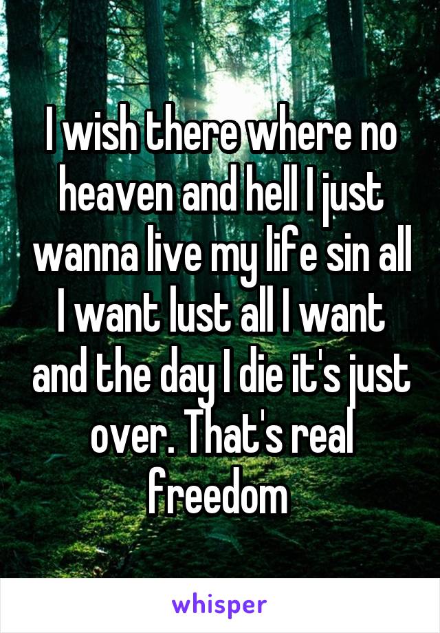I wish there where no heaven and hell I just wanna live my life sin all I want lust all I want and the day I die it's just over. That's real freedom 