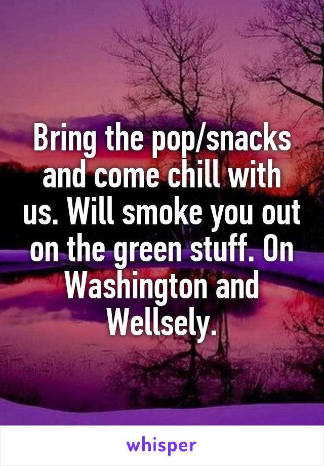 Bring the pop/snacks and come chill with us. Will smoke you out on the green stuff. On Washington and Wellsely.