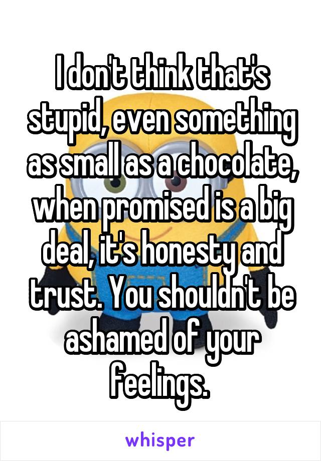 I don't think that's stupid, even something as small as a chocolate, when promised is a big deal, it's honesty and trust. You shouldn't be ashamed of your feelings. 