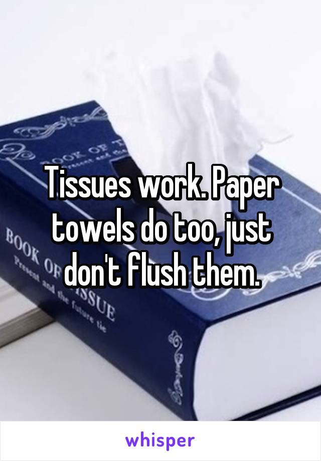Tissues work. Paper towels do too, just don't flush them.