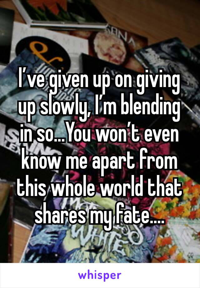 I’ve given up on giving up slowly, I’m blending in so...You won’t even know me apart from this whole world that shares my fate....
