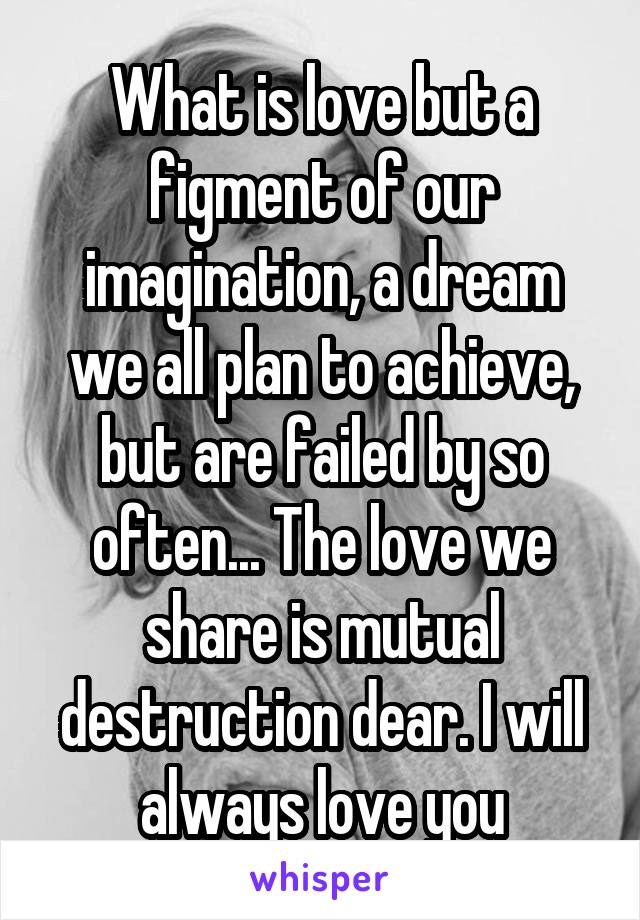 What is love but a figment of our imagination, a dream we all plan to achieve, but are failed by so often... The love we share is mutual destruction dear. I will always love you