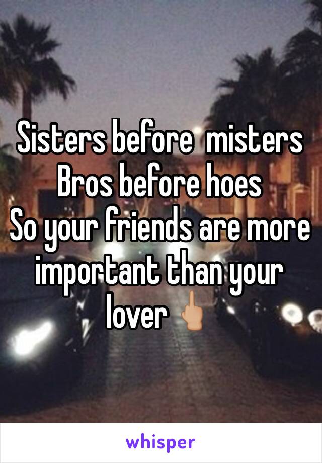 Sisters before  misters 
Bros before hoes
So your friends are more important than your lover🖕🏼