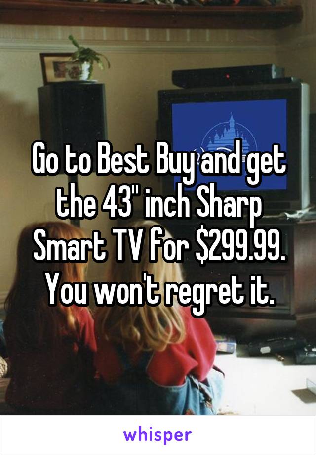 Go to Best Buy and get the 43" inch Sharp Smart TV for $299.99. You won't regret it.