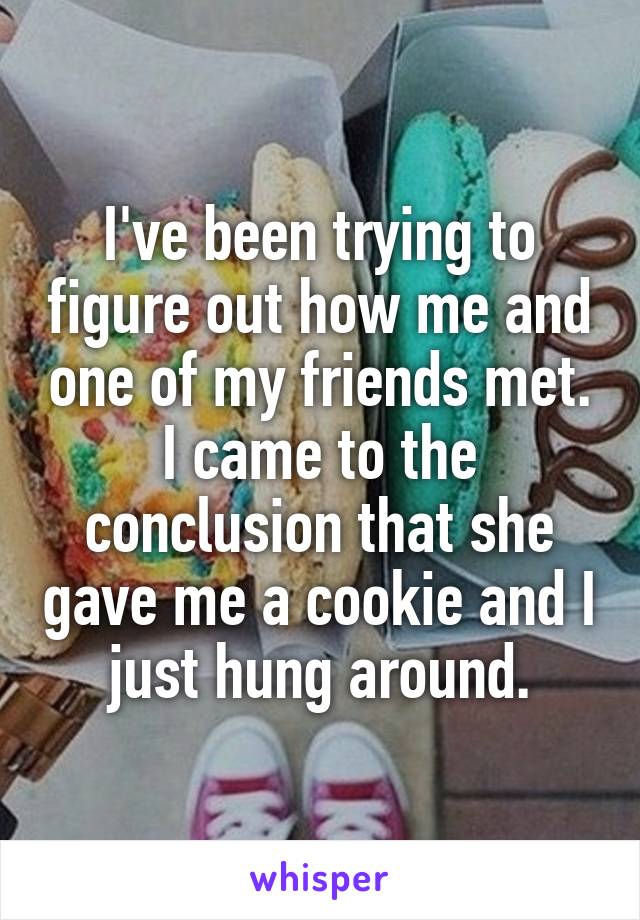 I've been trying to figure out how me and one of my friends met. I came to the conclusion that she gave me a cookie and I just hung around.