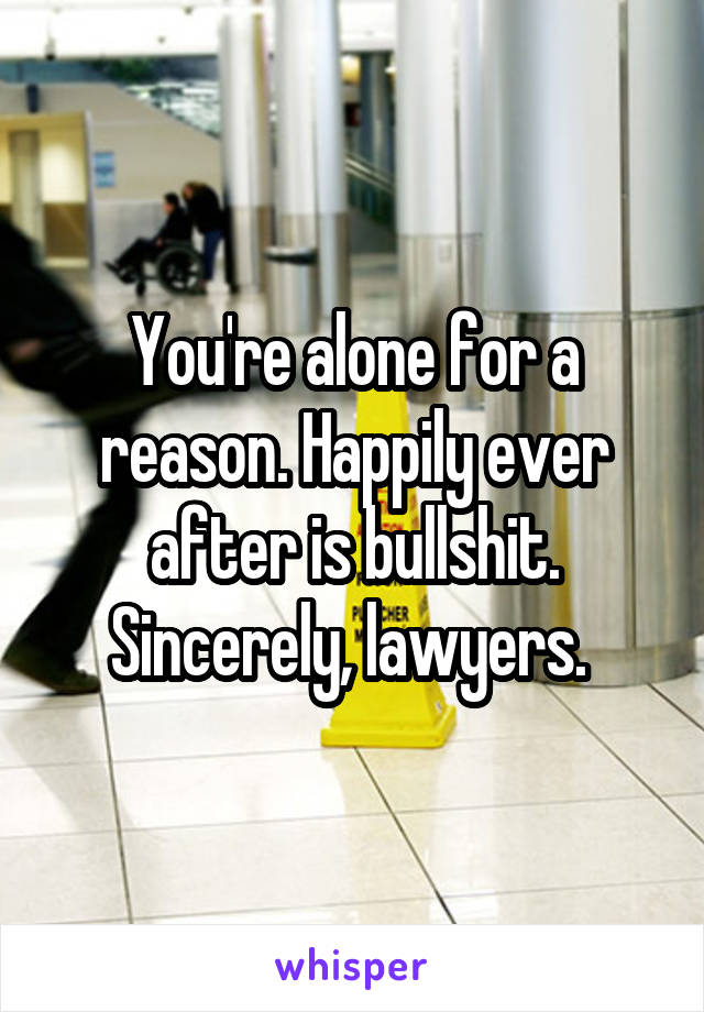 You're alone for a reason. Happily ever after is bullshit. Sincerely, lawyers. 