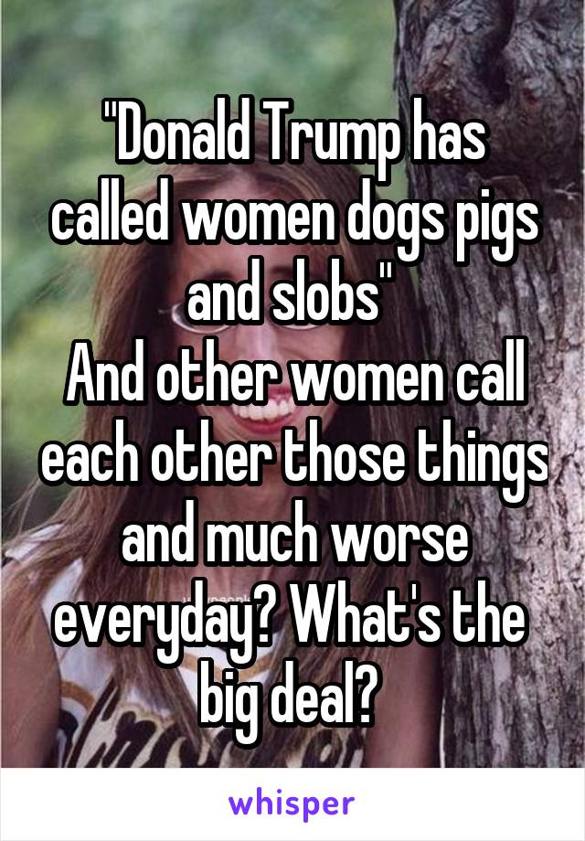 "Donald Trump has called women dogs pigs and slobs" 
And other women call each other those things and much worse everyday? What's the 
big deal? 