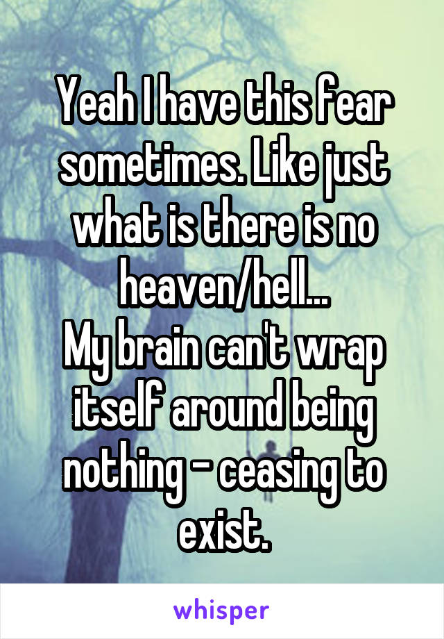 Yeah I have this fear sometimes. Like just what is there is no heaven/hell...
My brain can't wrap itself around being nothing - ceasing to exist.