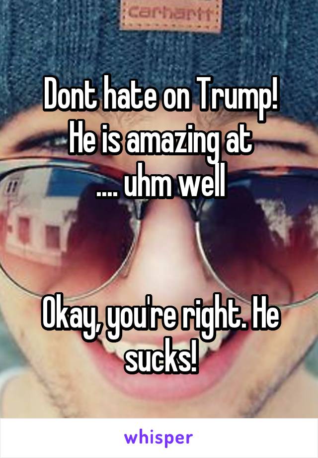 Dont hate on Trump!
He is amazing at
.... uhm well


Okay, you're right. He sucks!