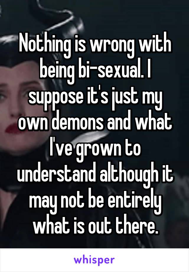 Nothing is wrong with being bi-sexual. I suppose it's just my own demons and what I've grown to understand although it may not be entirely what is out there.