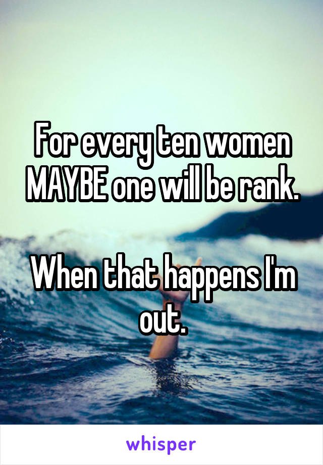 For every ten women MAYBE one will be rank.

When that happens I'm out.