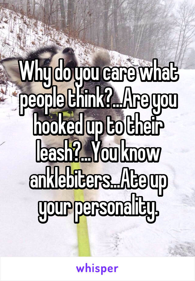 Why do you care what people think?...Are you hooked up to their leash?...You know anklebiters...Ate up your personality.